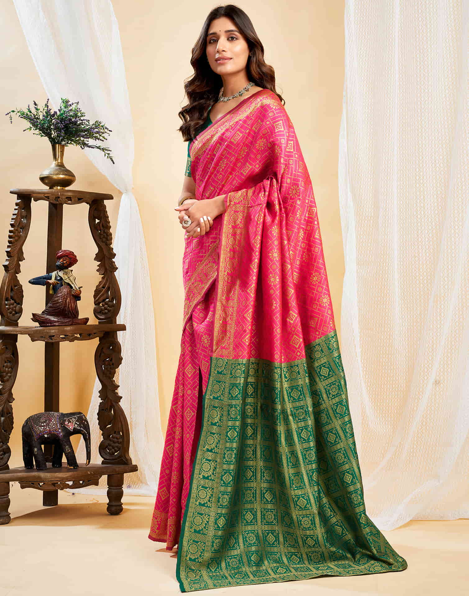 Hot Pink Silk Weaving Banarasi Saree