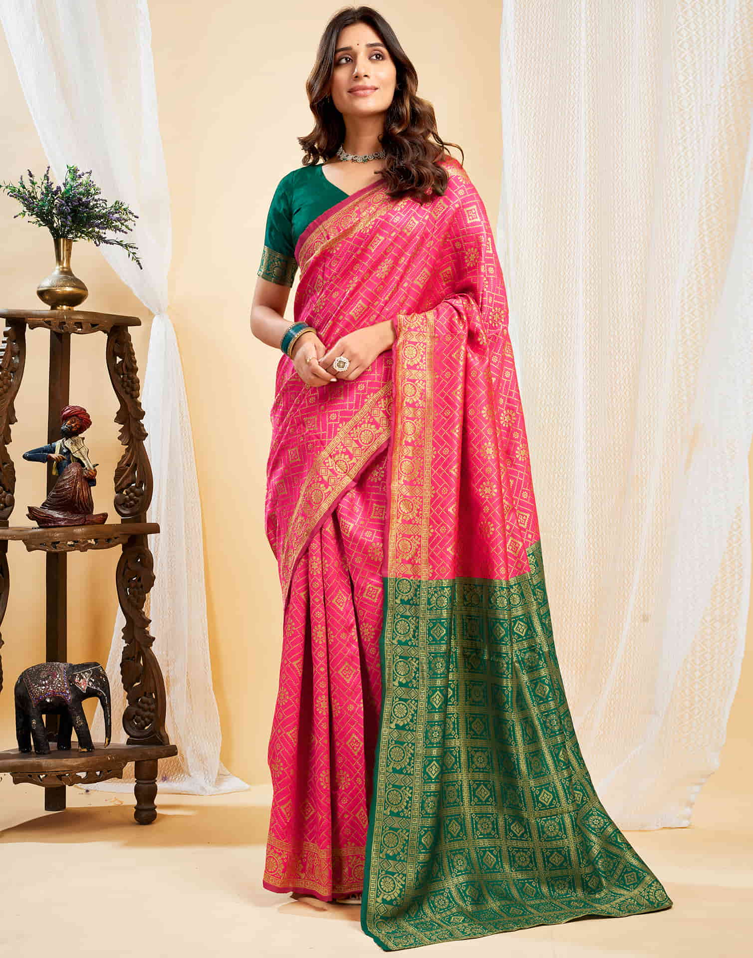 Hot Pink Silk Weaving Banarasi Saree