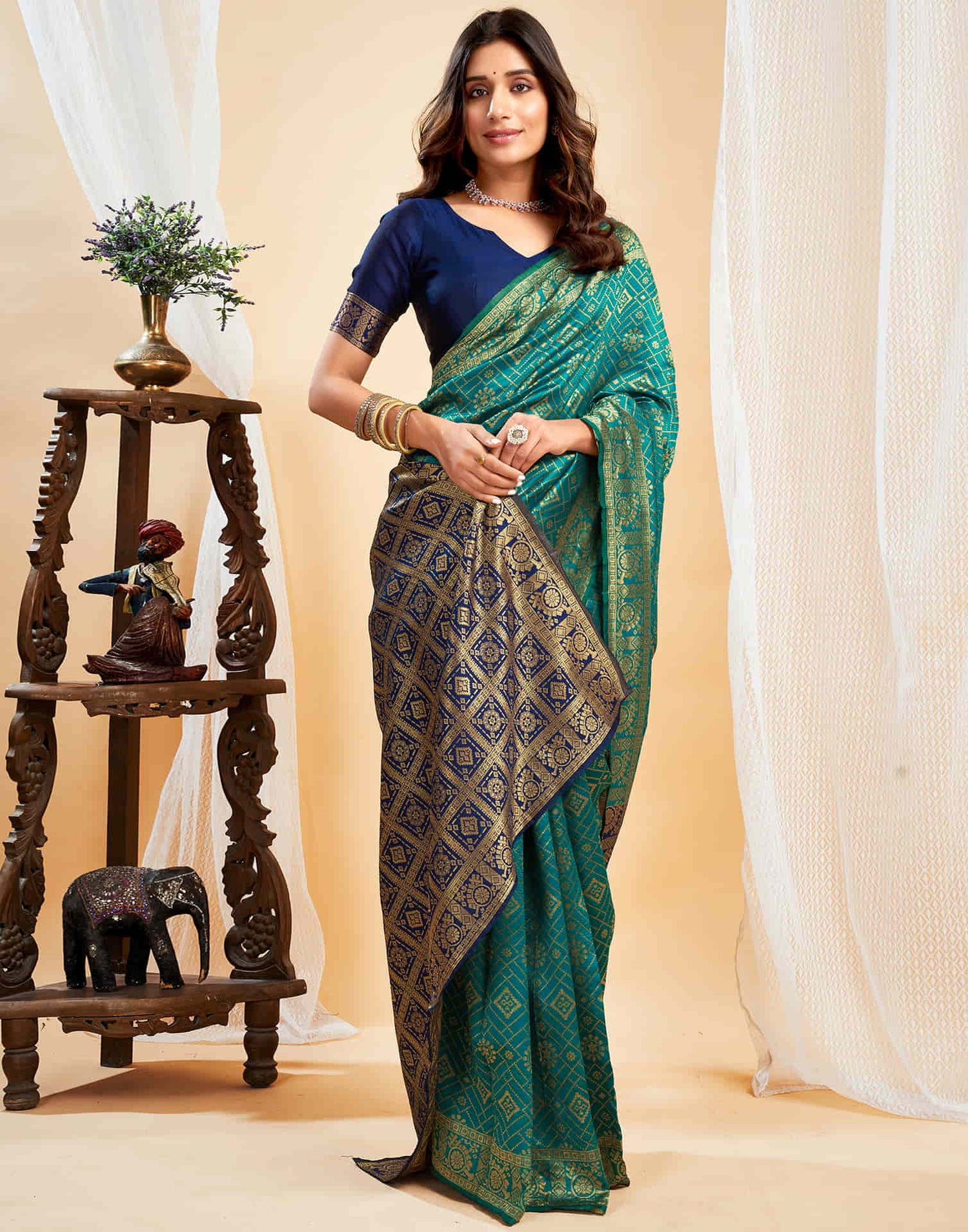 Teal Green Silk Weaving Banarasi Saree