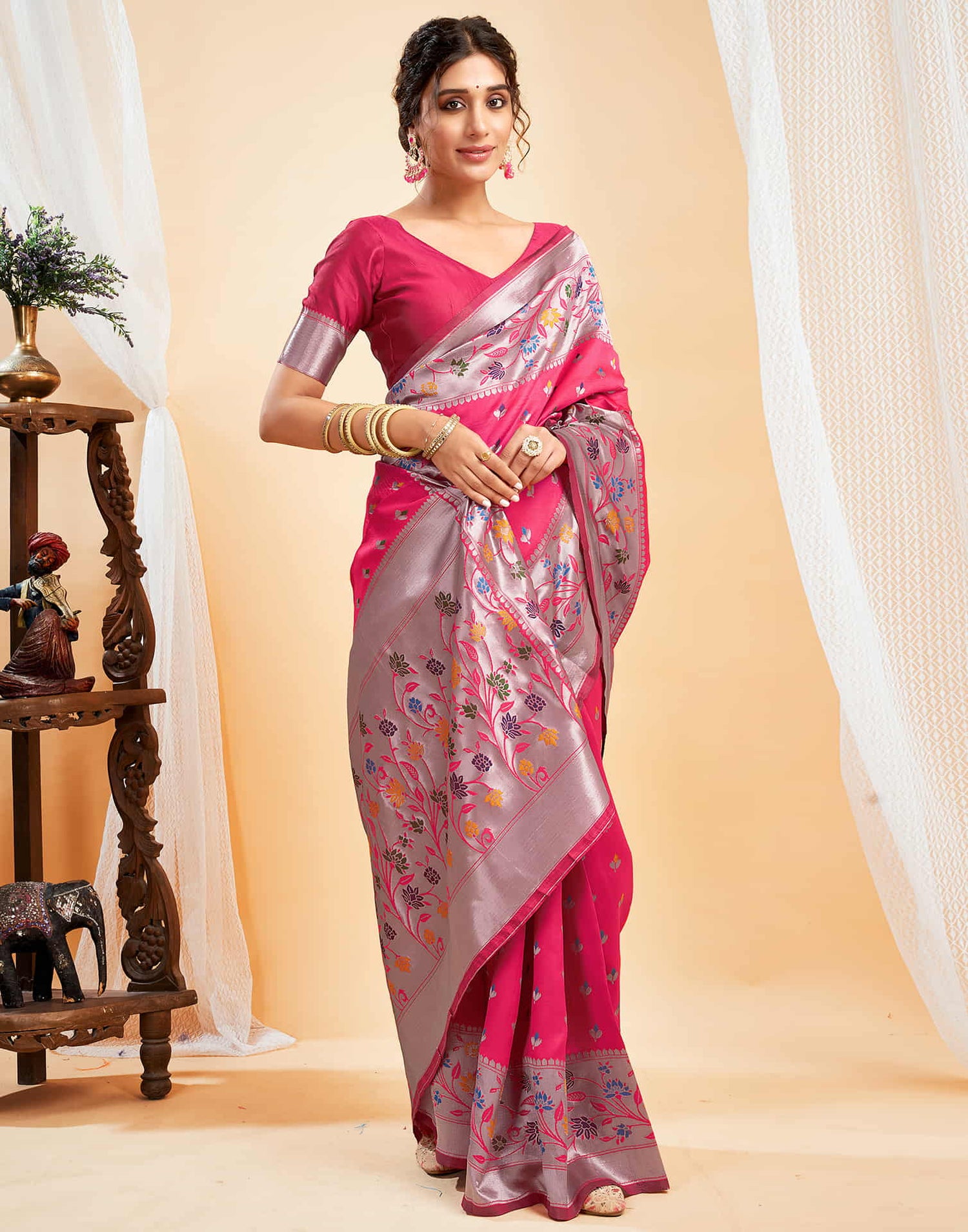 Bright Pink Silk Woven Paithani Saree