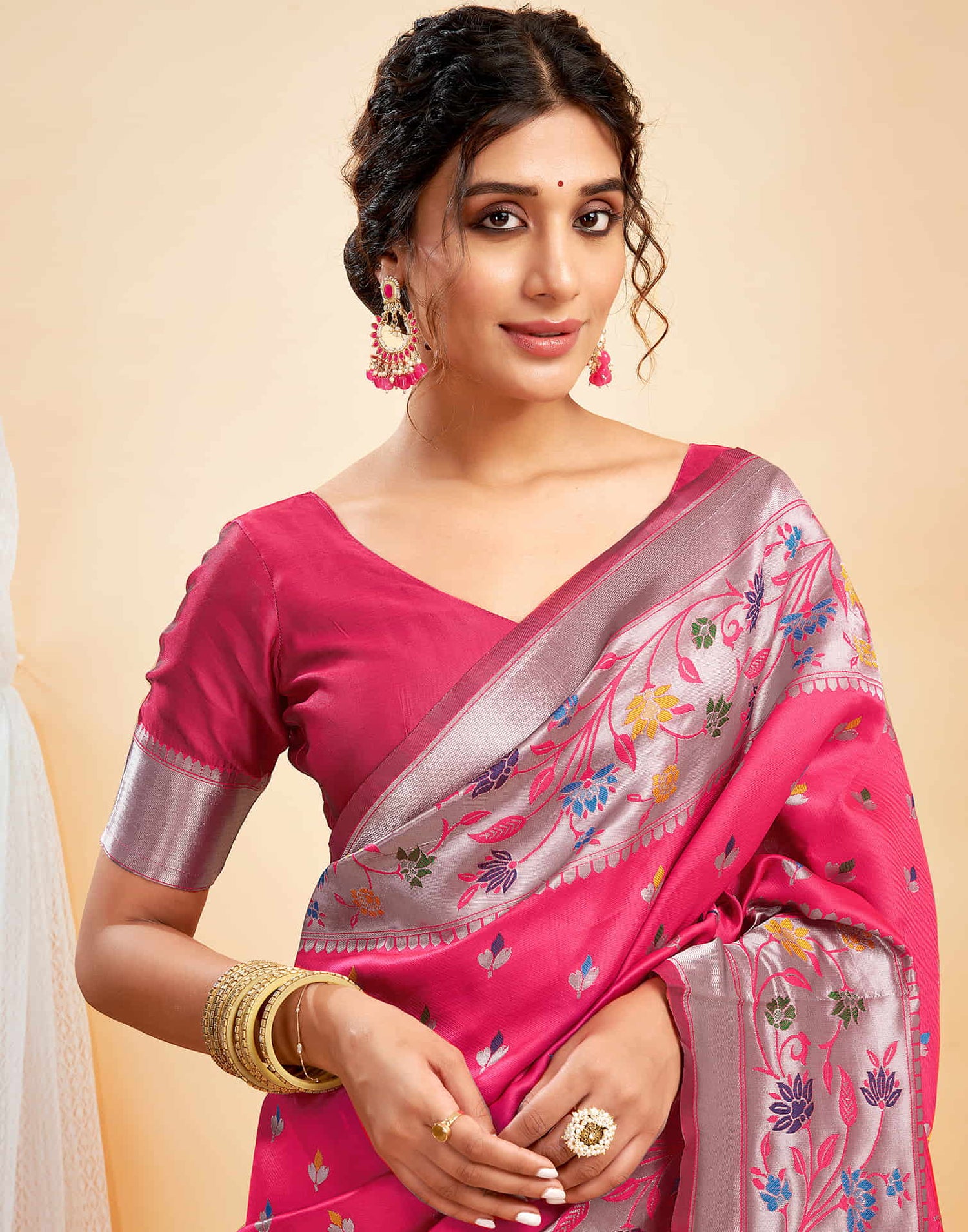 Bright Pink Silk Woven Paithani Saree