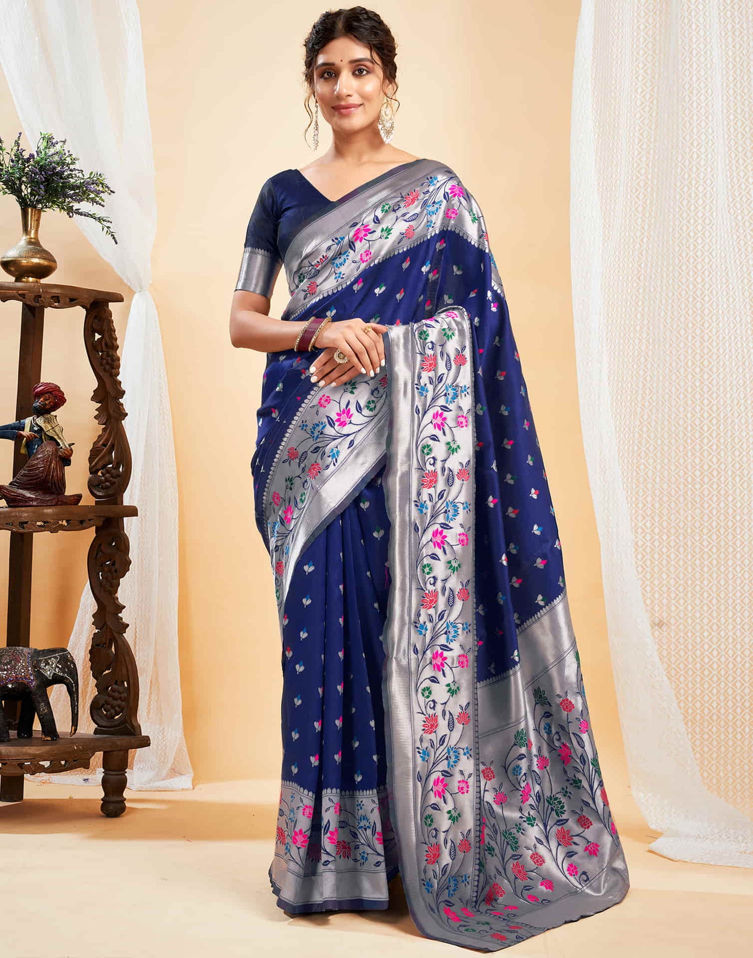 Navy Blue Silk Woven Paithani Saree