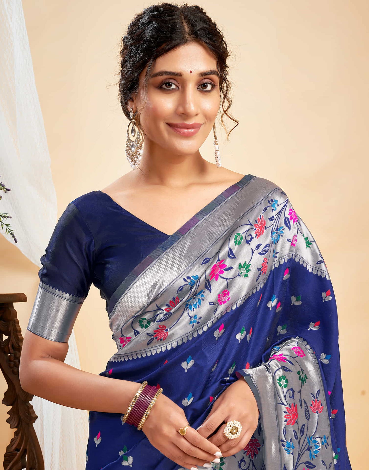 Navy Blue Silk Woven Paithani Saree