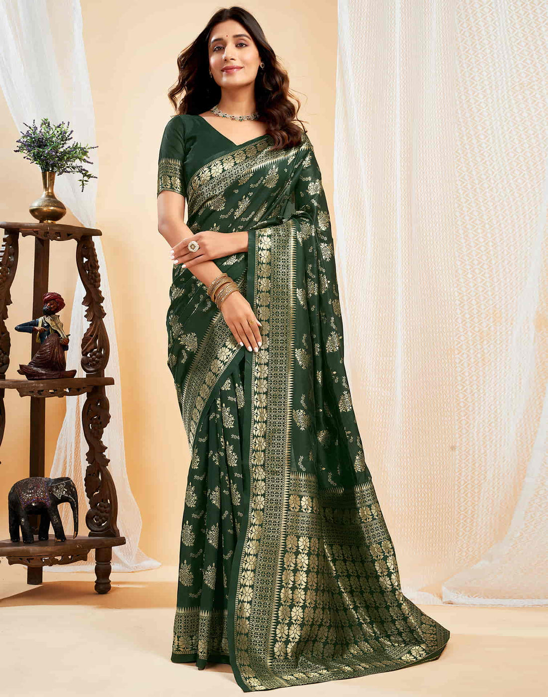 Green Silk Blend Woven Banarasi Saree