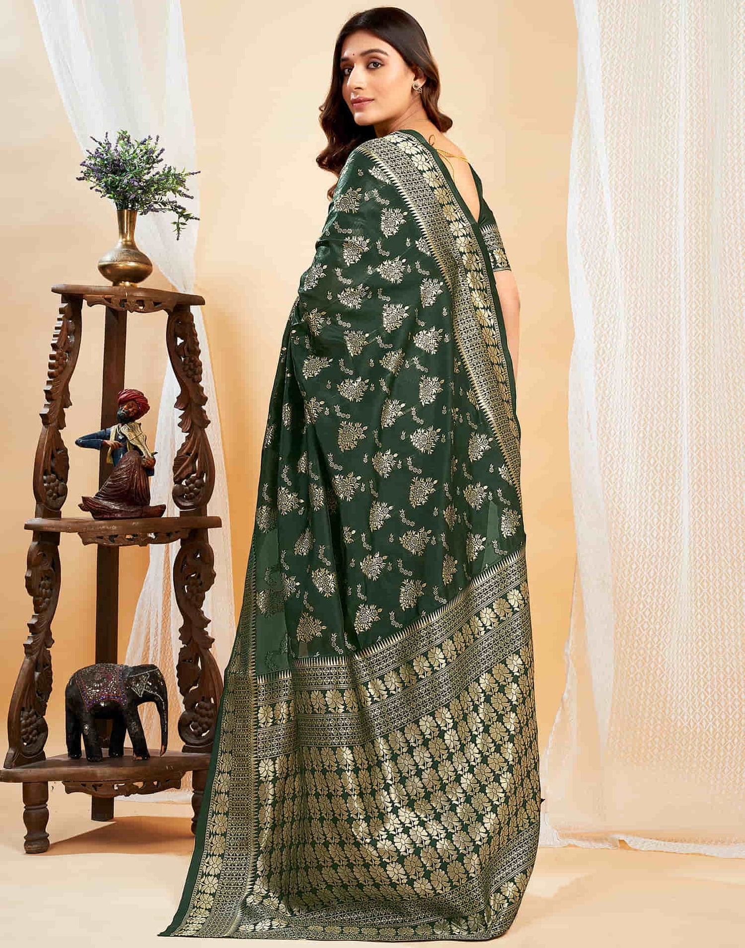 Green Silk Blend Woven Banarasi Saree