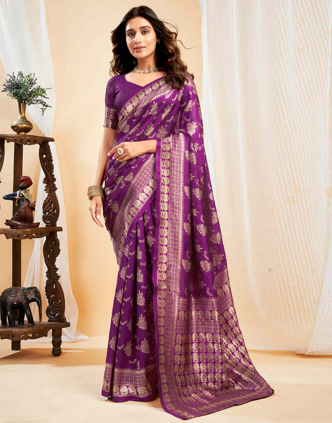 Purple Silk Blend Woven Banarasi Saree