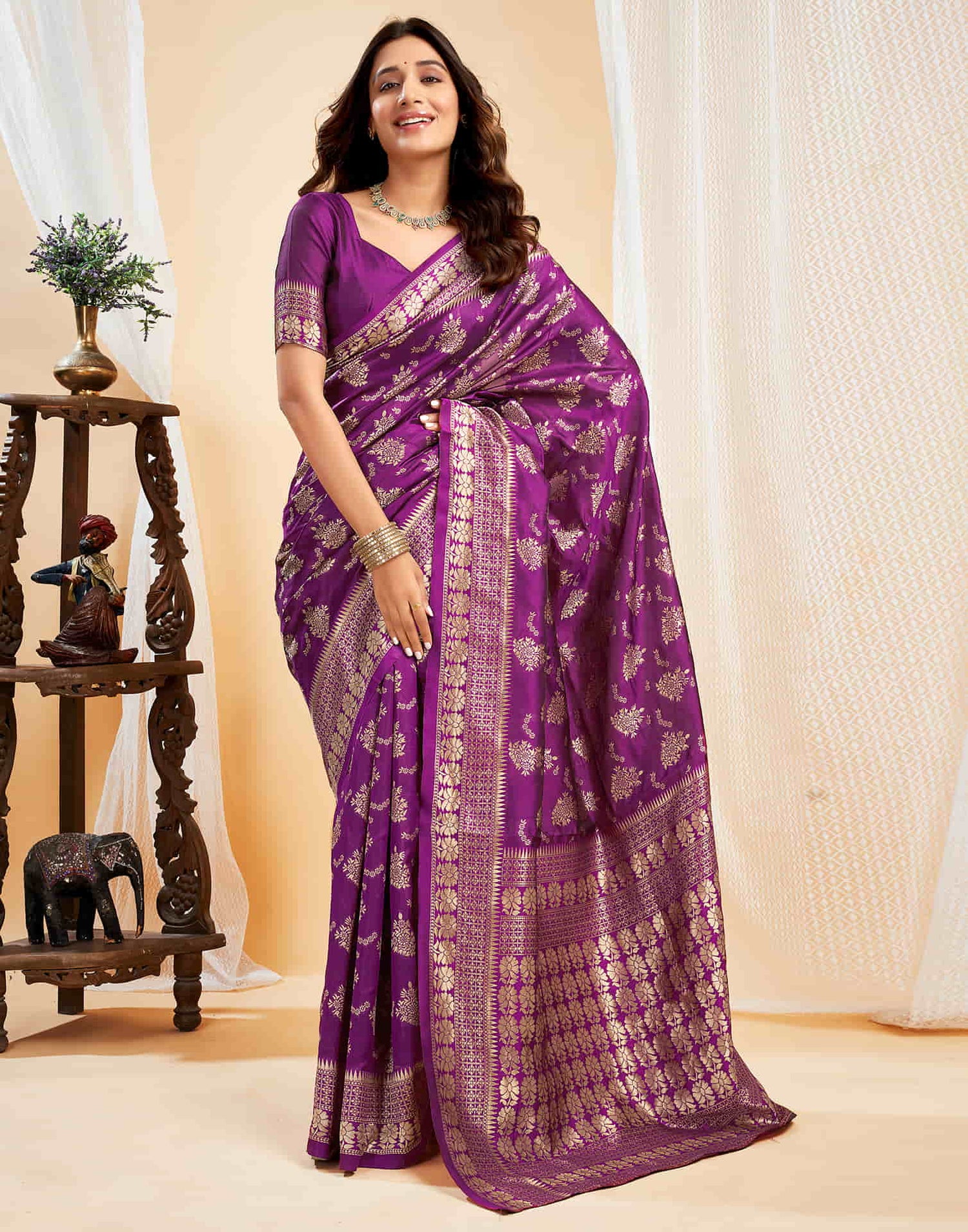 Purple Silk Blend Woven Banarasi Saree