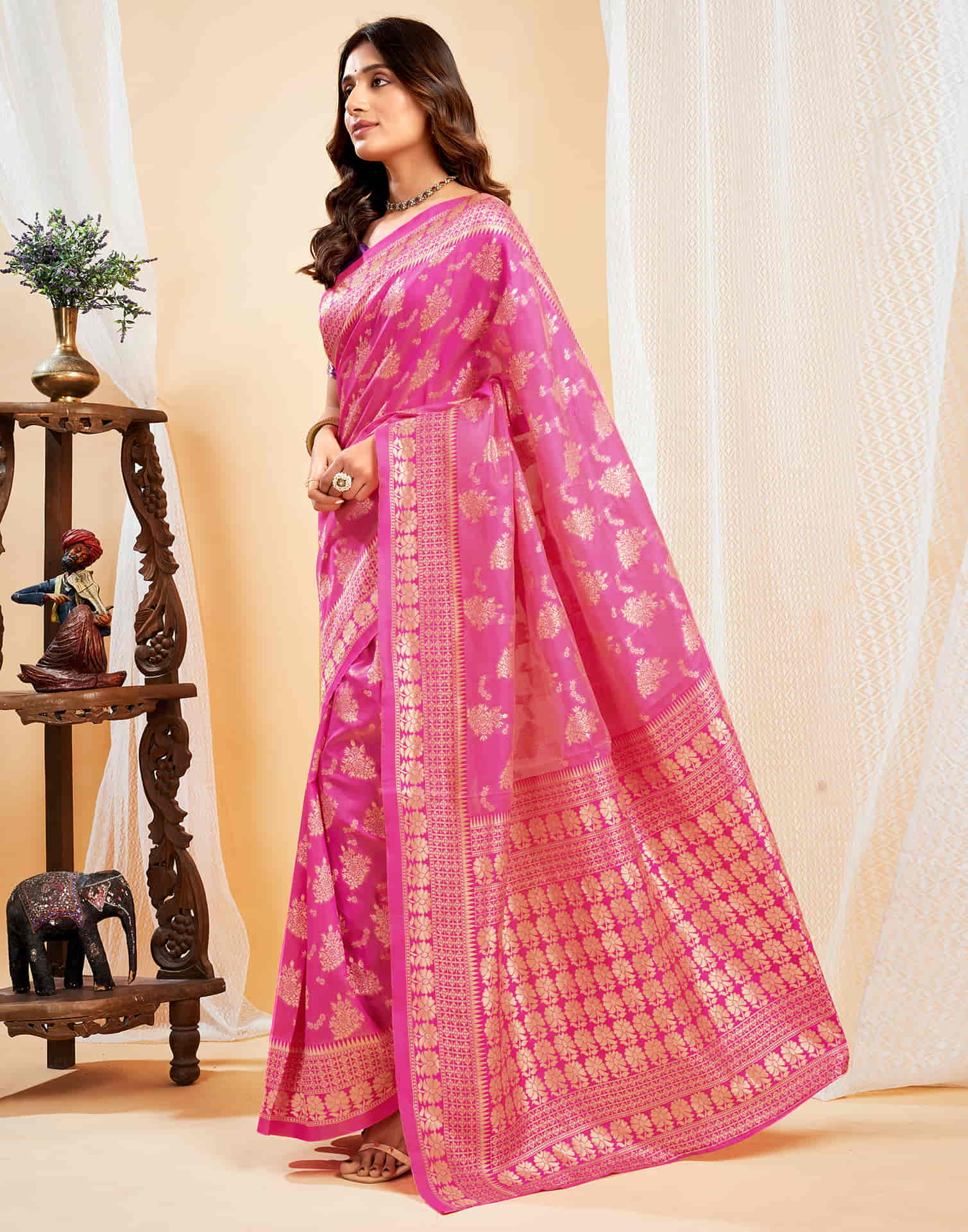 Bright Pink Silk Woven Banarasi Saree