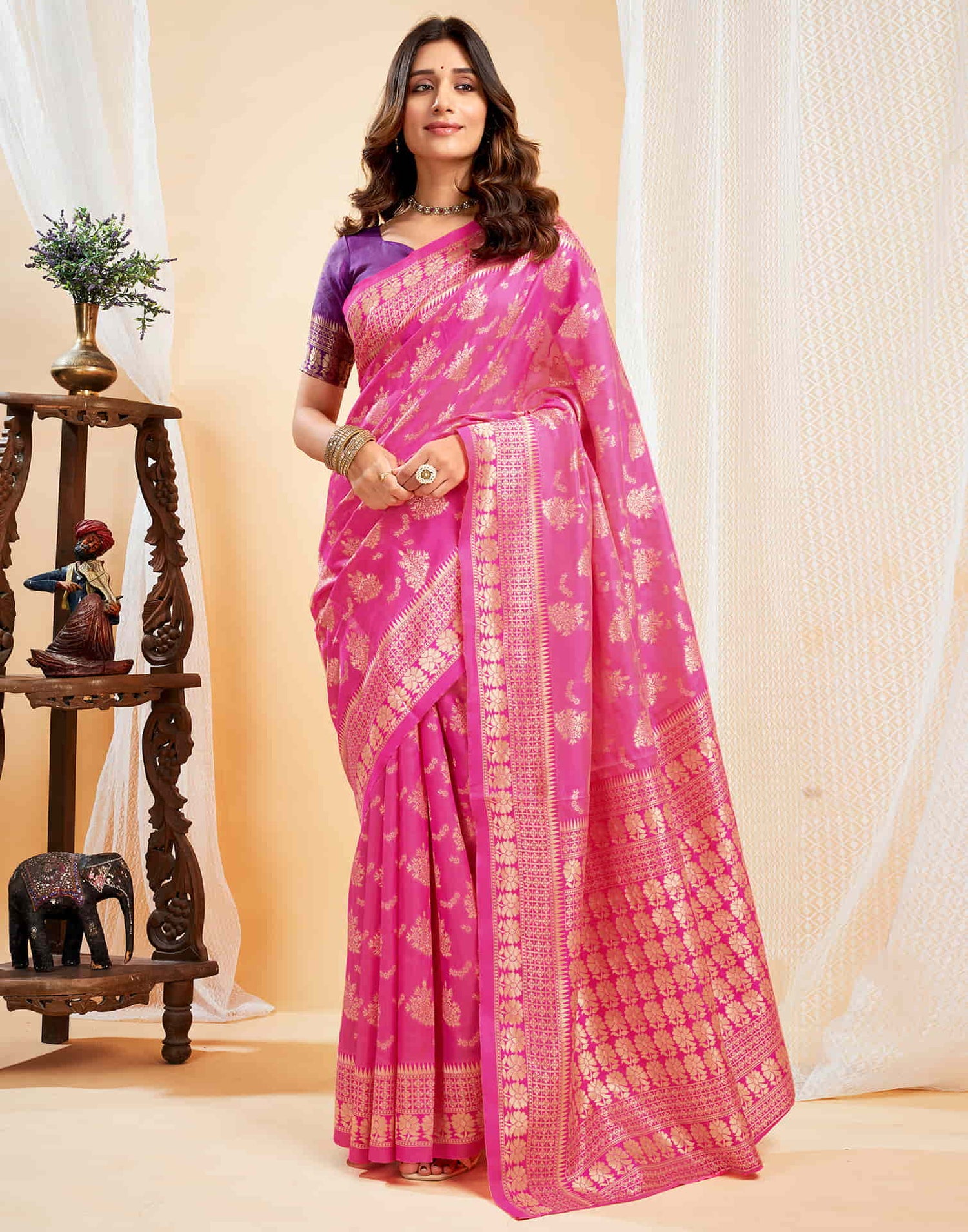 Bright Pink Silk Woven Banarasi Saree