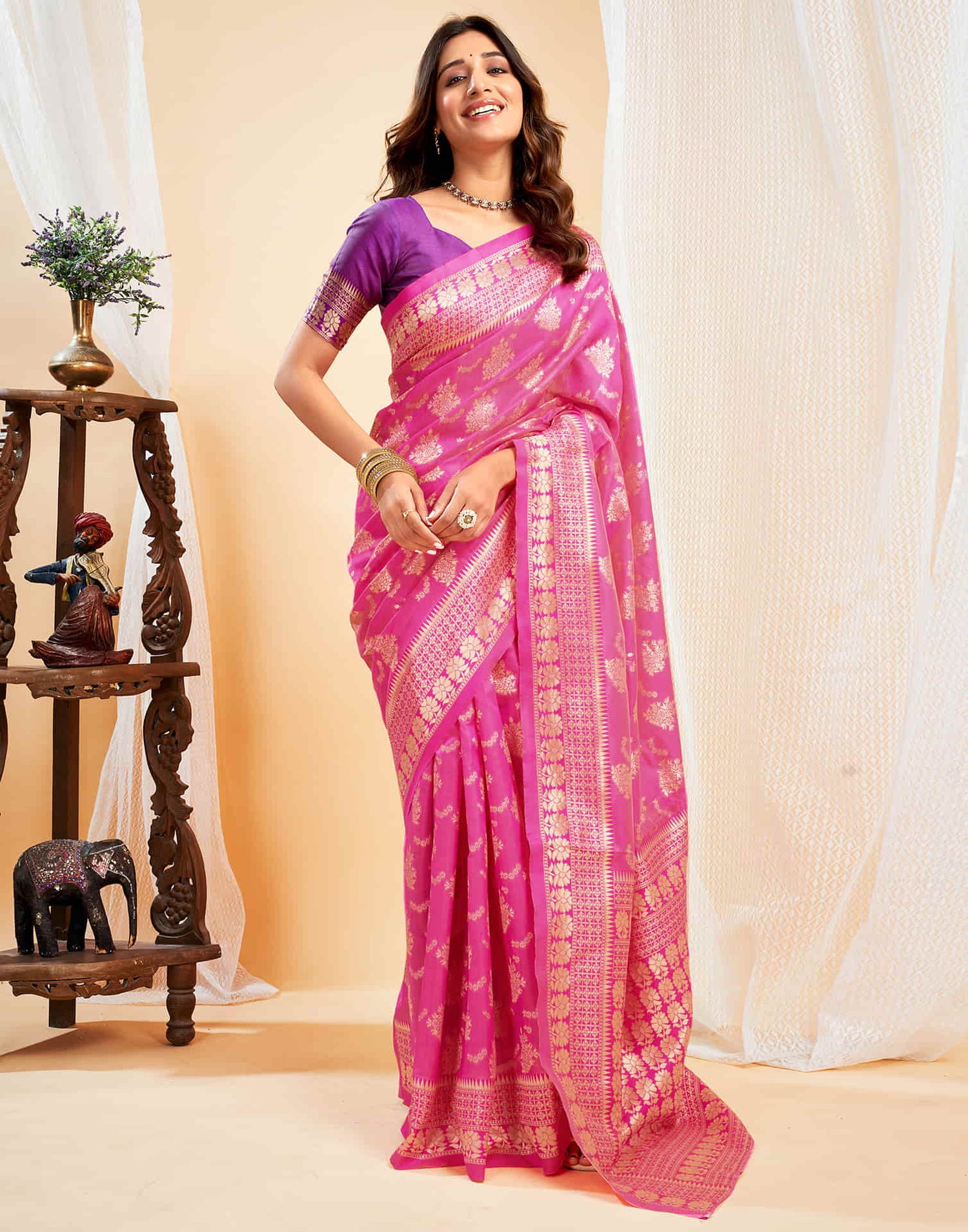 Bright Pink Silk Woven Banarasi Saree