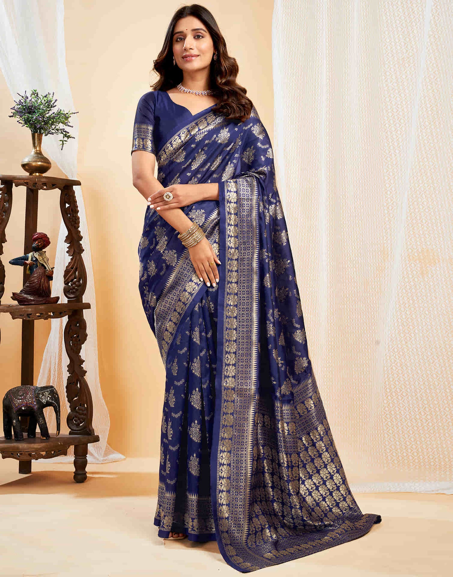 Navy Blue Silk Woven Banarasi Saree