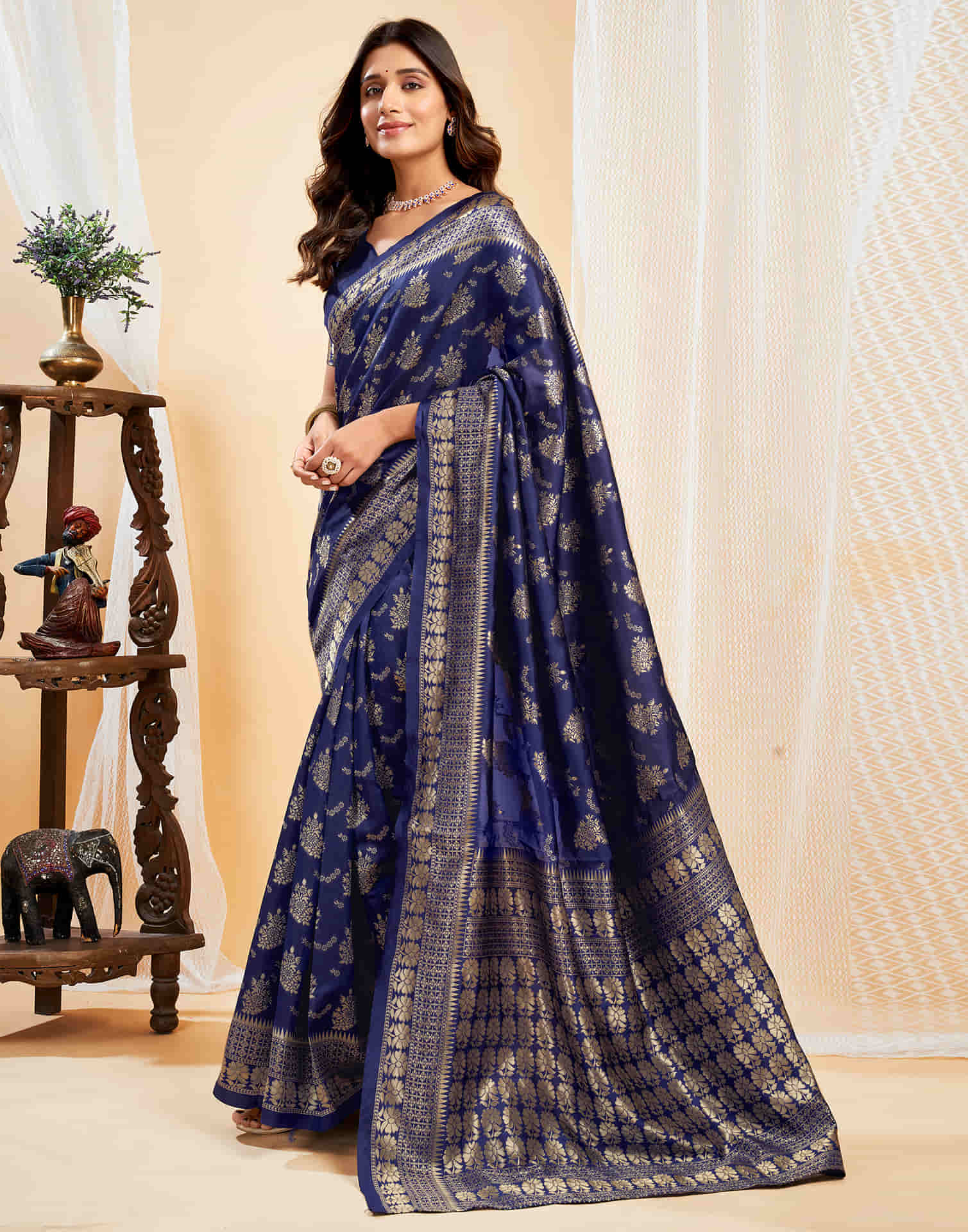 Navy Blue Silk Woven Banarasi Saree