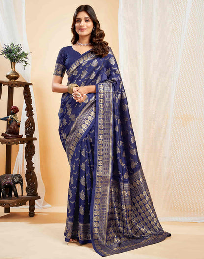 Blue Silk Blend Woven Banarasi Saree