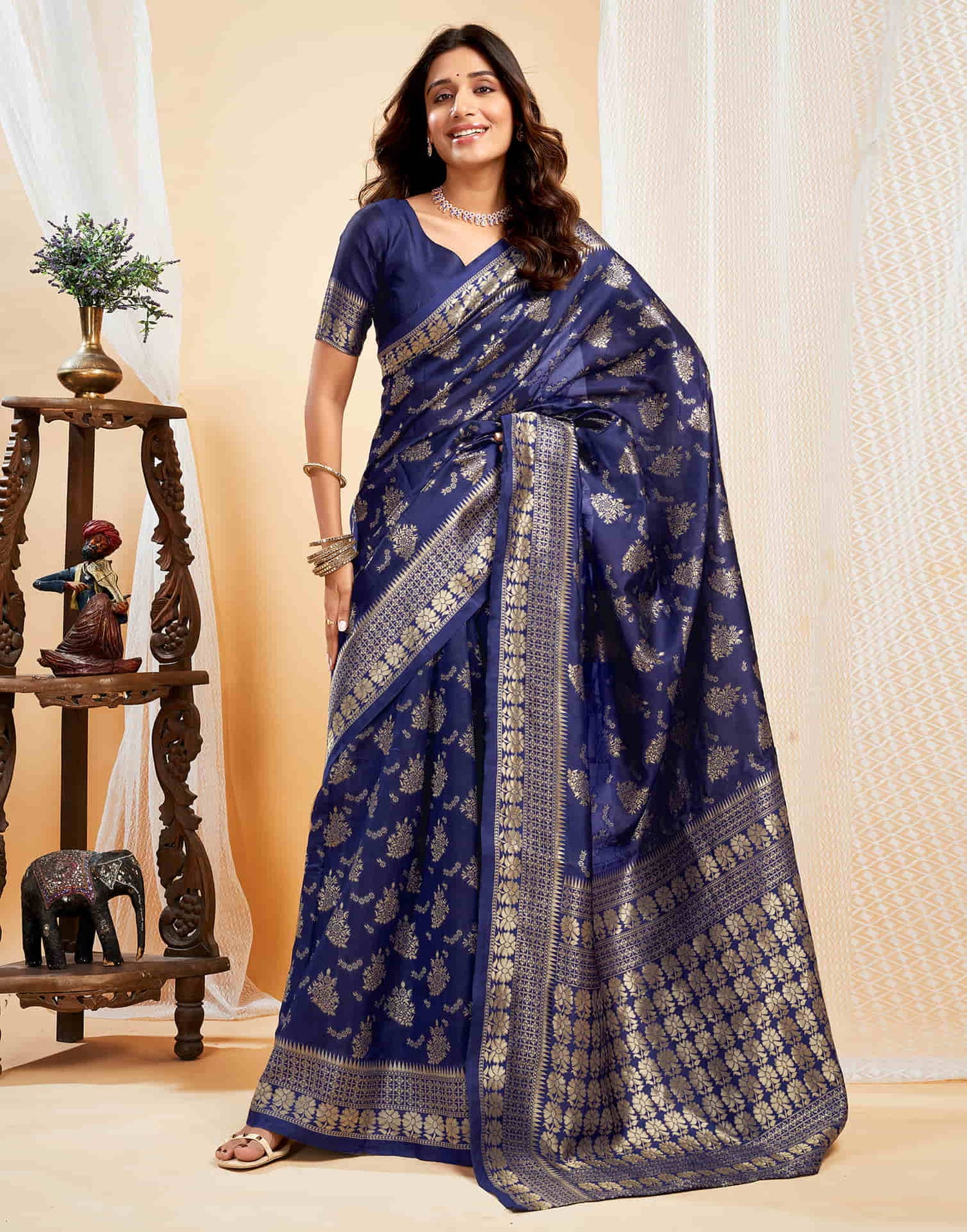 Blue Silk Blend Woven Banarasi Saree