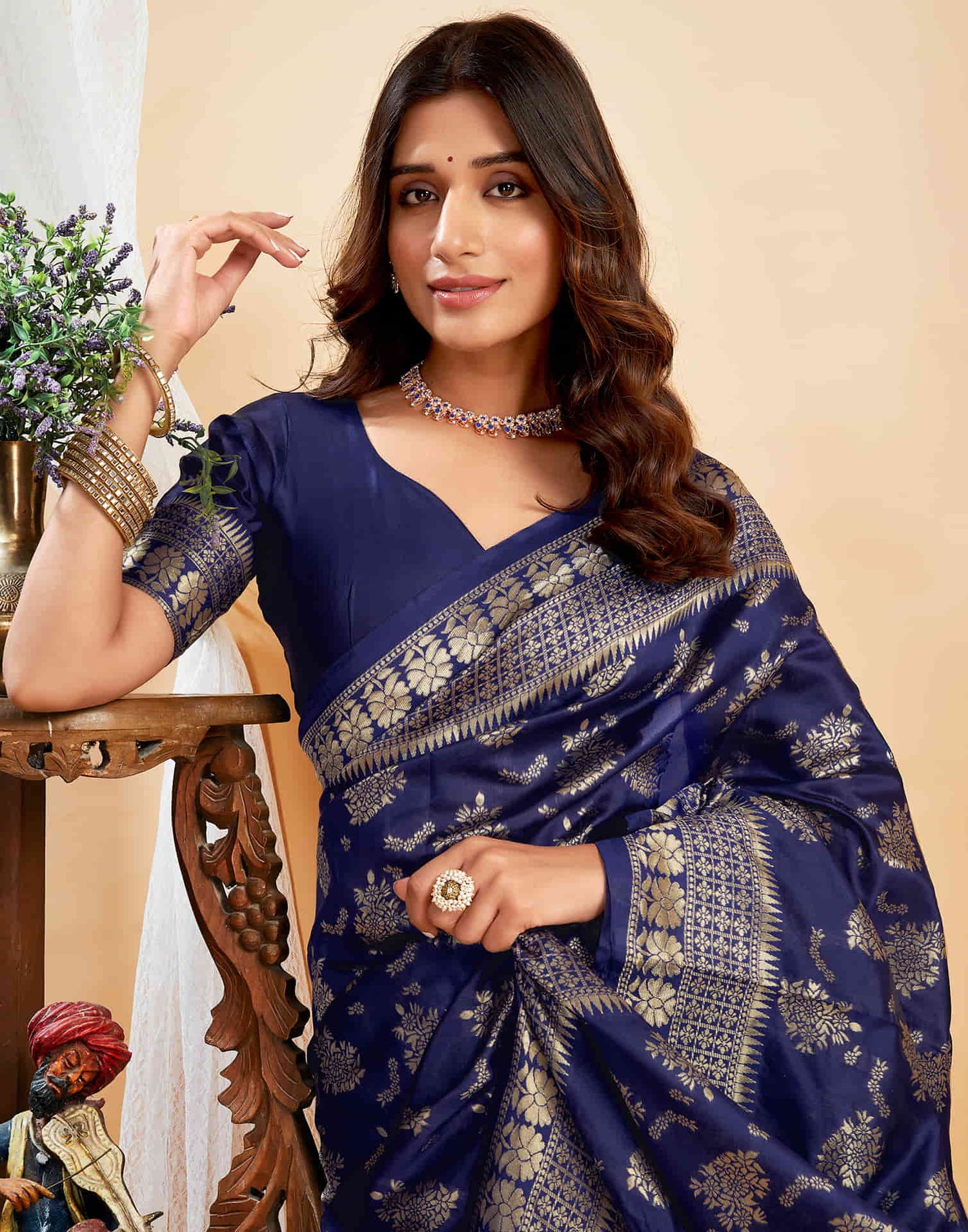 Navy Blue Silk Woven Banarasi Saree