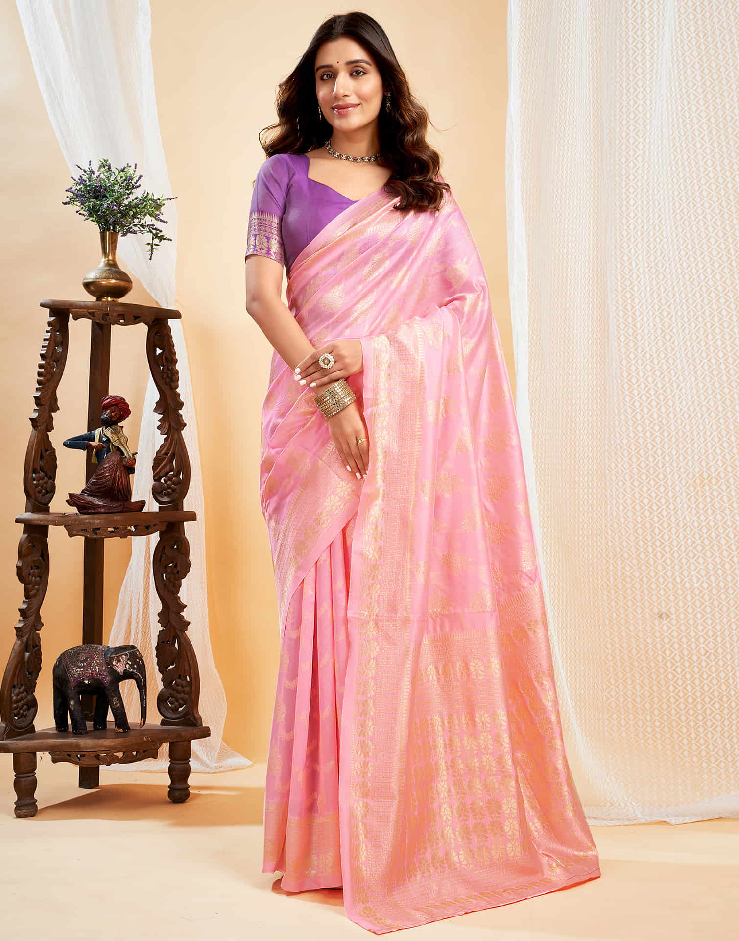 Peach Silk Blend Woven Banarasi Saree