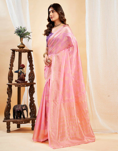 Peach Silk Blend Woven Banarasi Saree