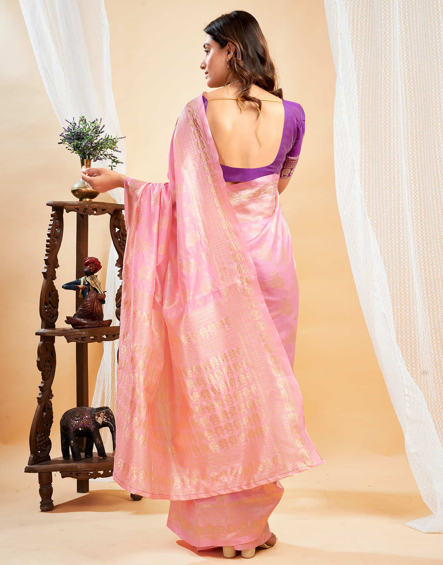 Peach Silk Blend Woven Banarasi Saree