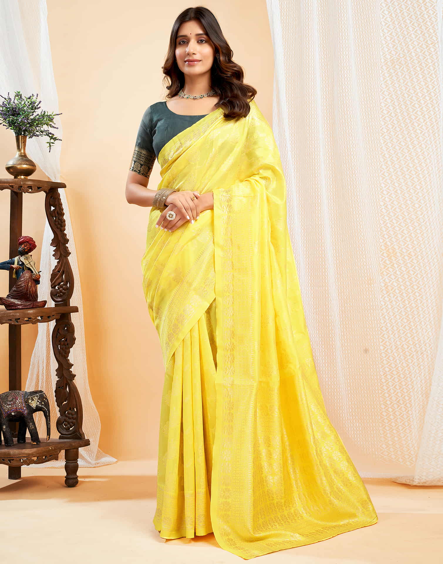 Yellow Silk Blend Woven Banarasi Saree