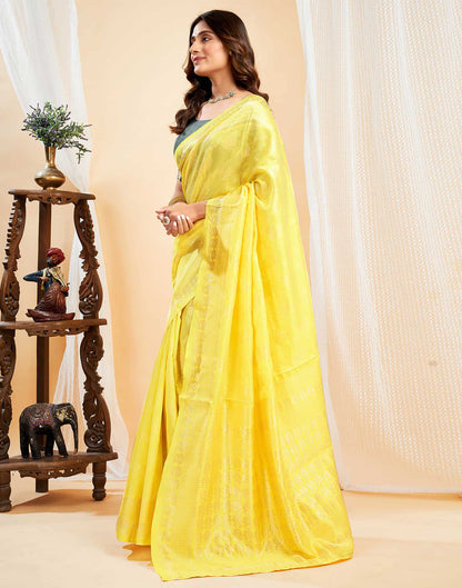 Yellow Silk Blend Woven Banarasi Saree