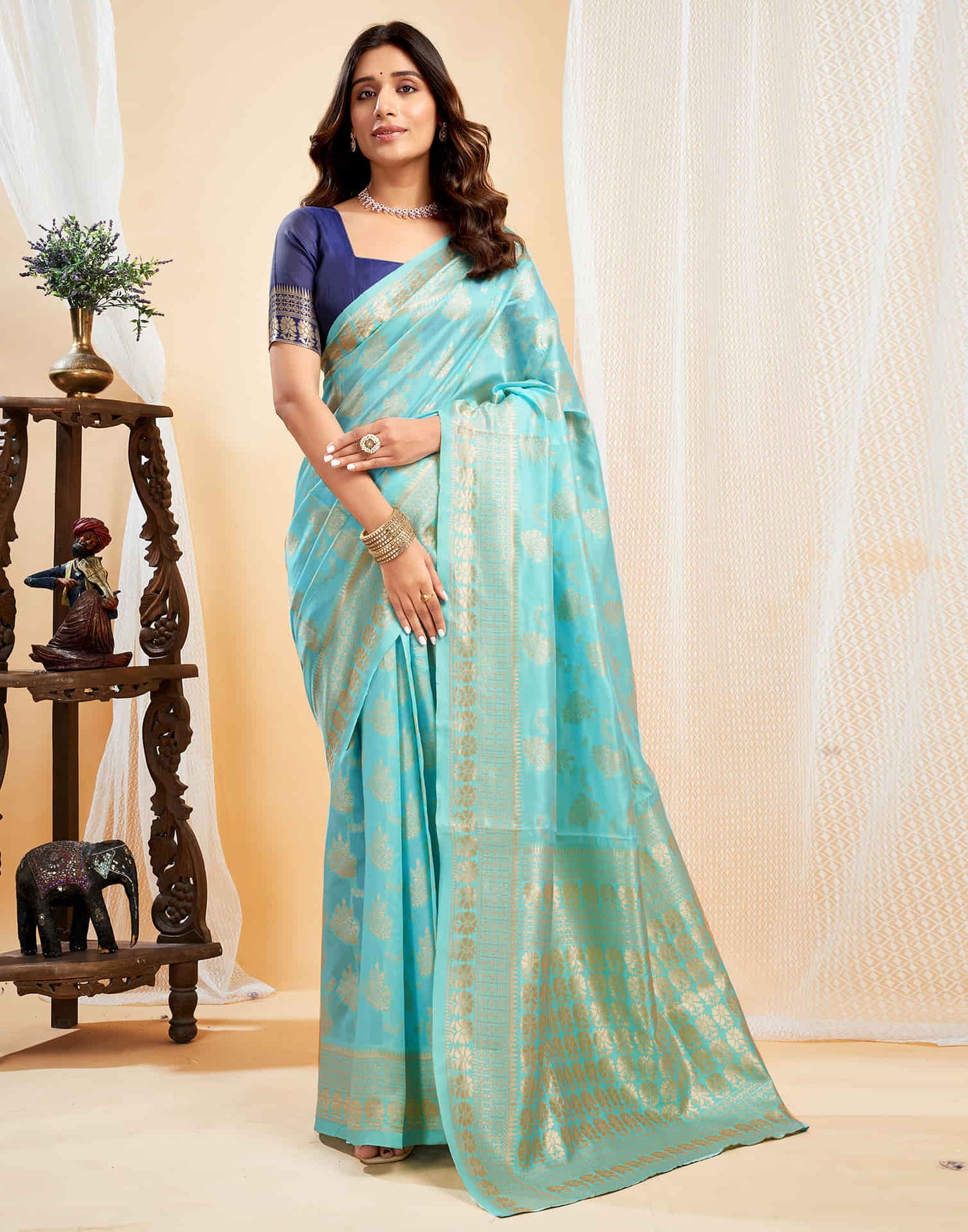 Blue Silk Blend Woven Banarasi Saree