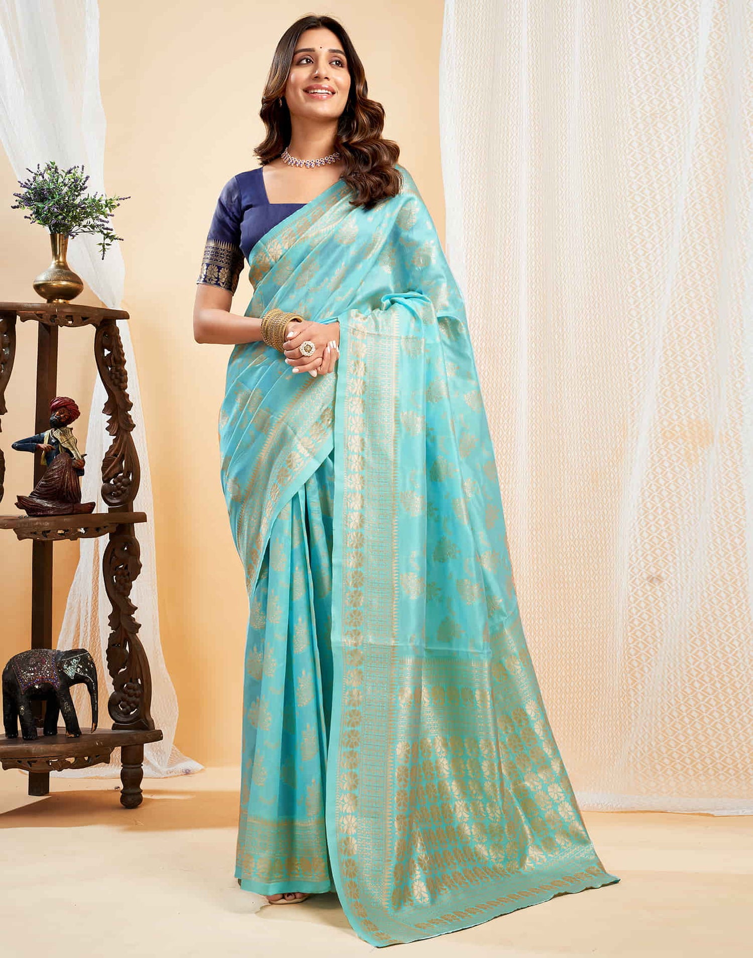 Blue Silk Blend Woven Banarasi Saree