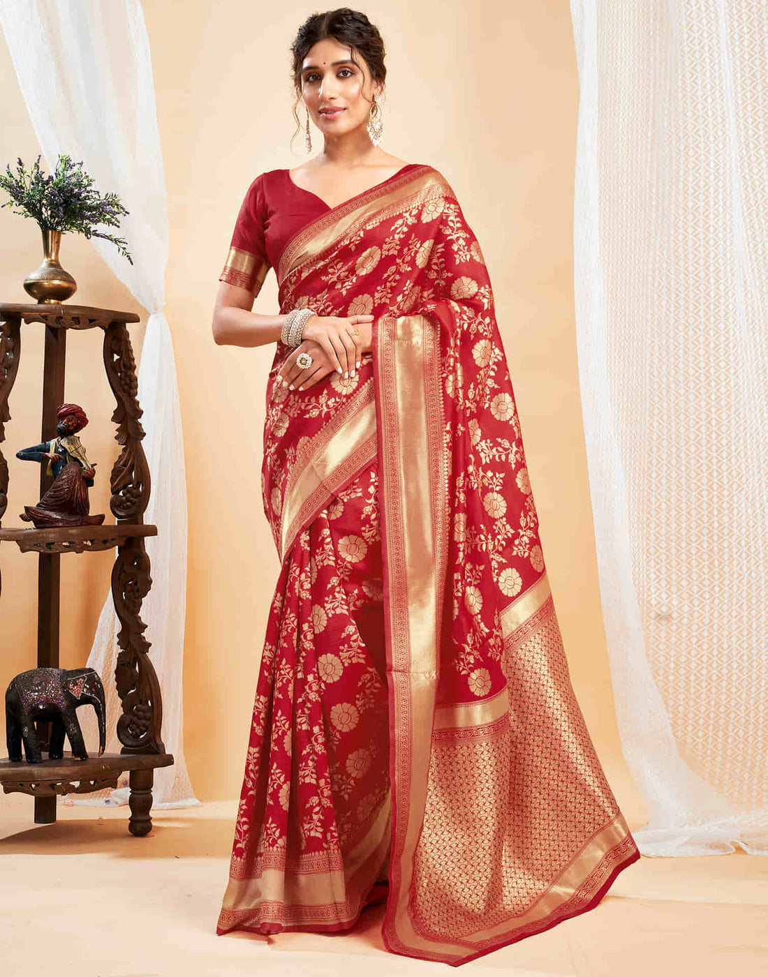 Red Silk Blend Woven Banarasi Saree