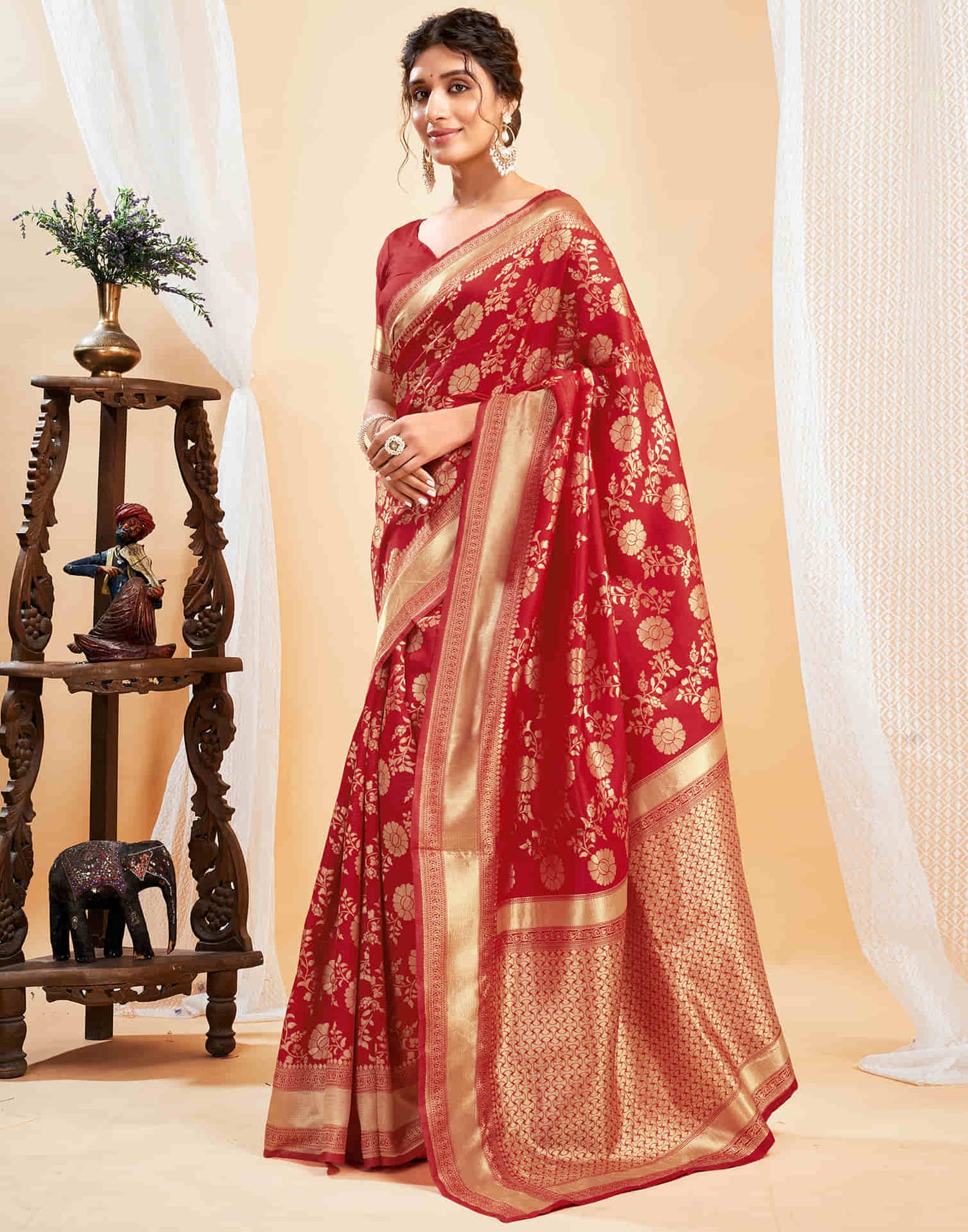 Red Silk Blend Woven Banarasi Saree