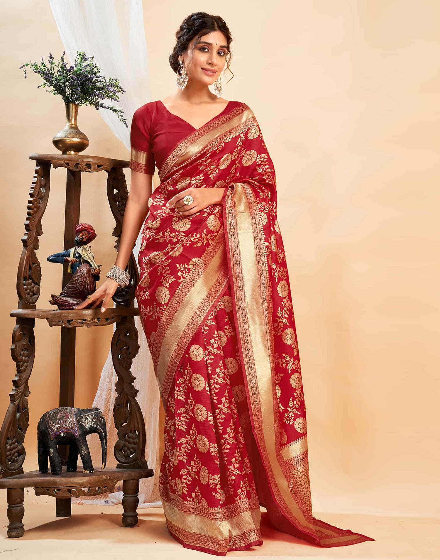 Red Silk Blend Woven Banarasi Saree