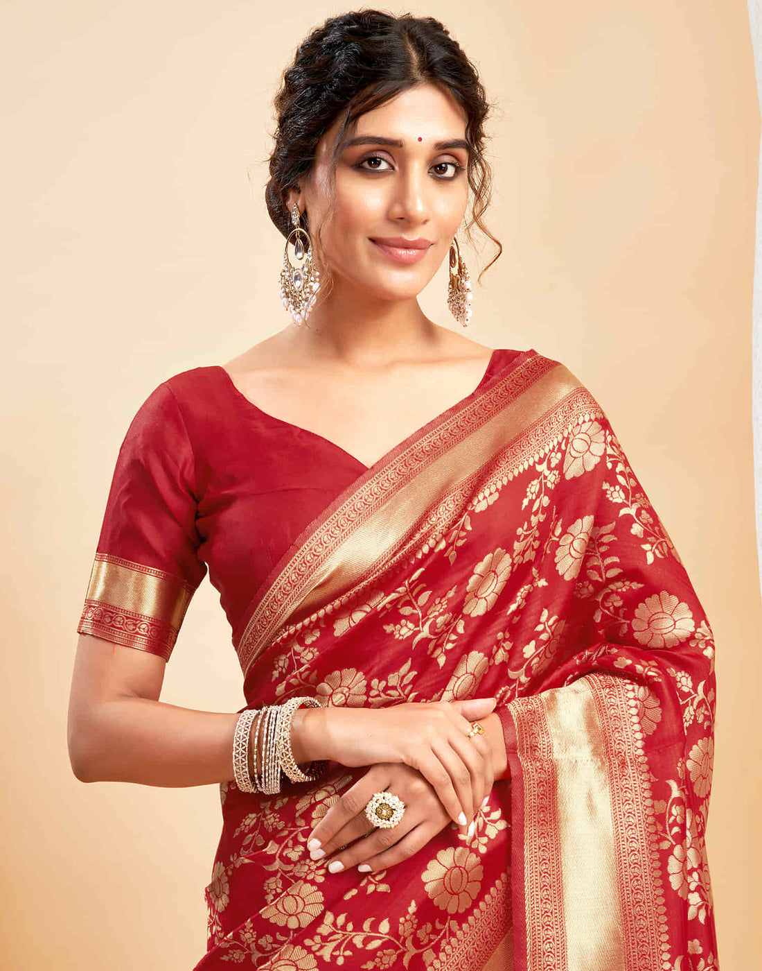 Red Silk Blend Woven Banarasi Saree