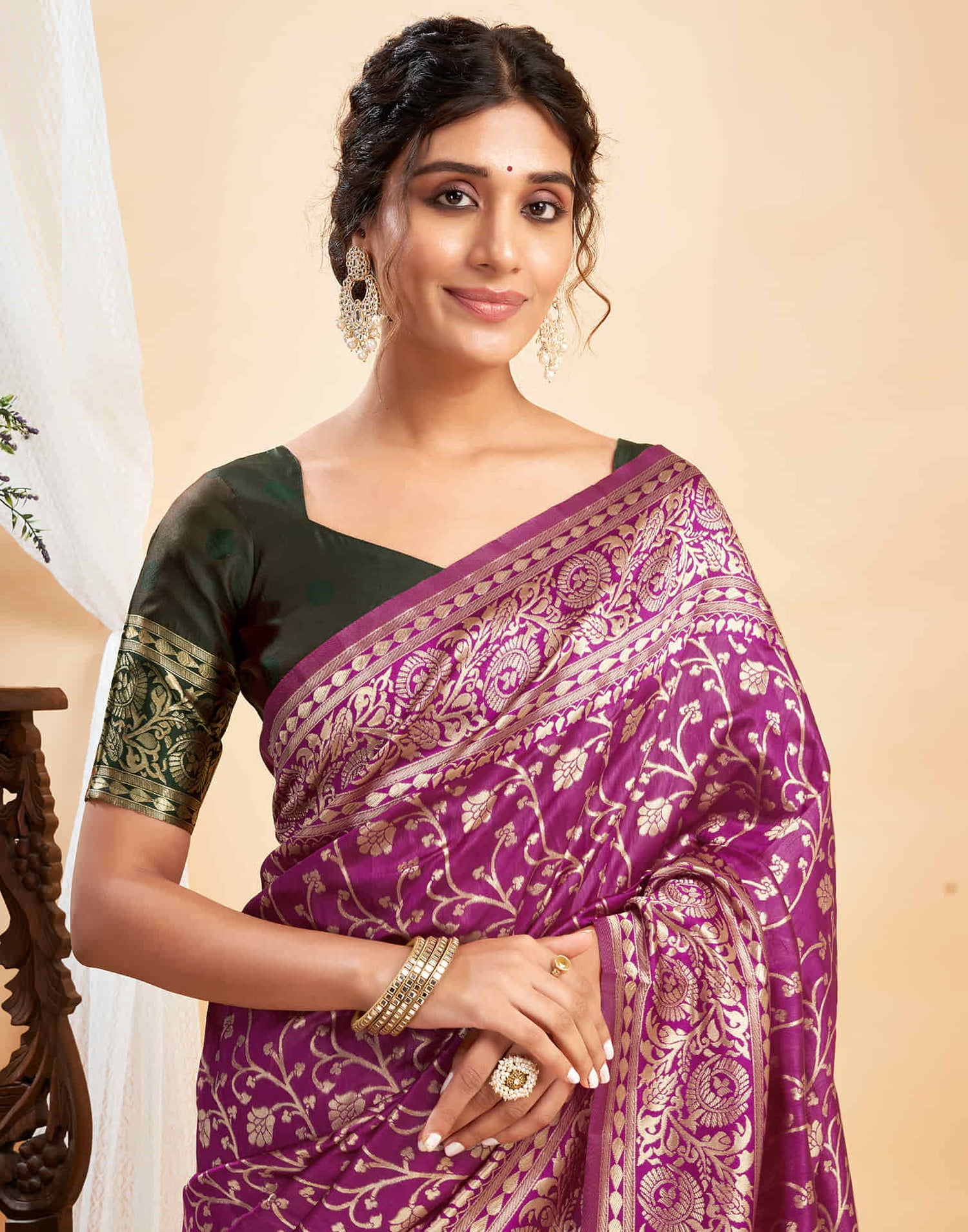 Purple Silk Blend Woven Banarasi Saree