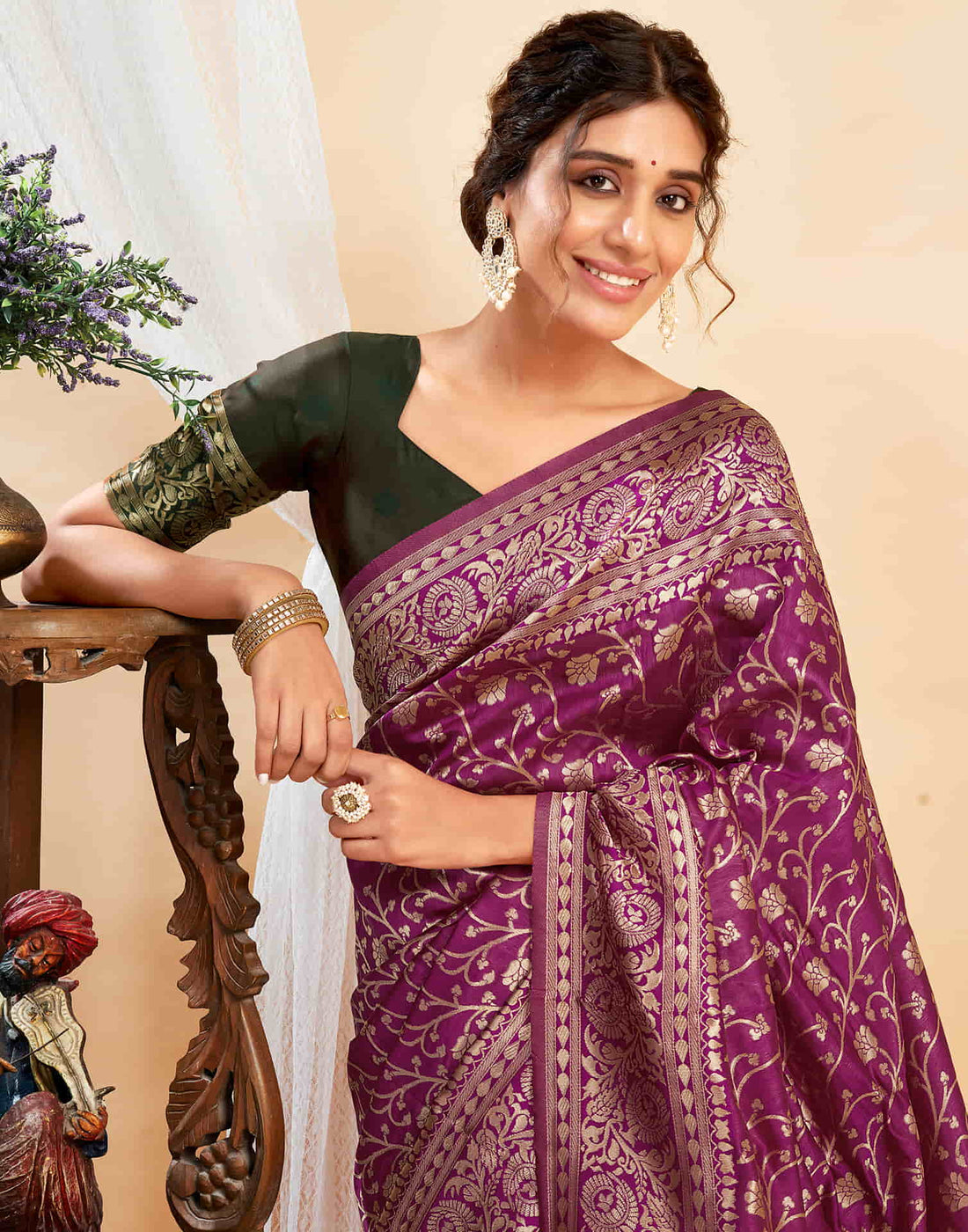 Purple Silk Blend Woven Banarasi Saree