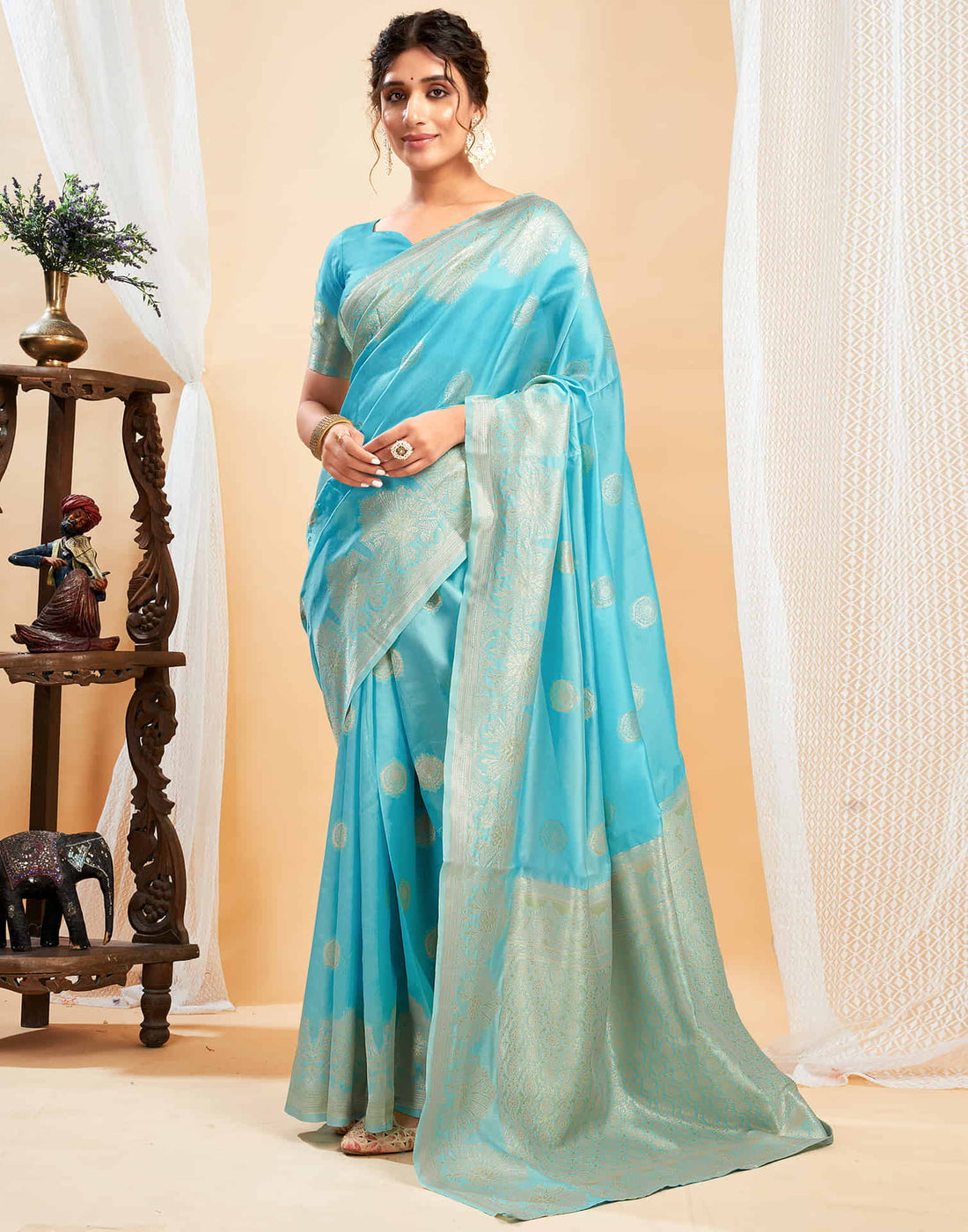 Blue Silk Blend Woven Banarasi Saree