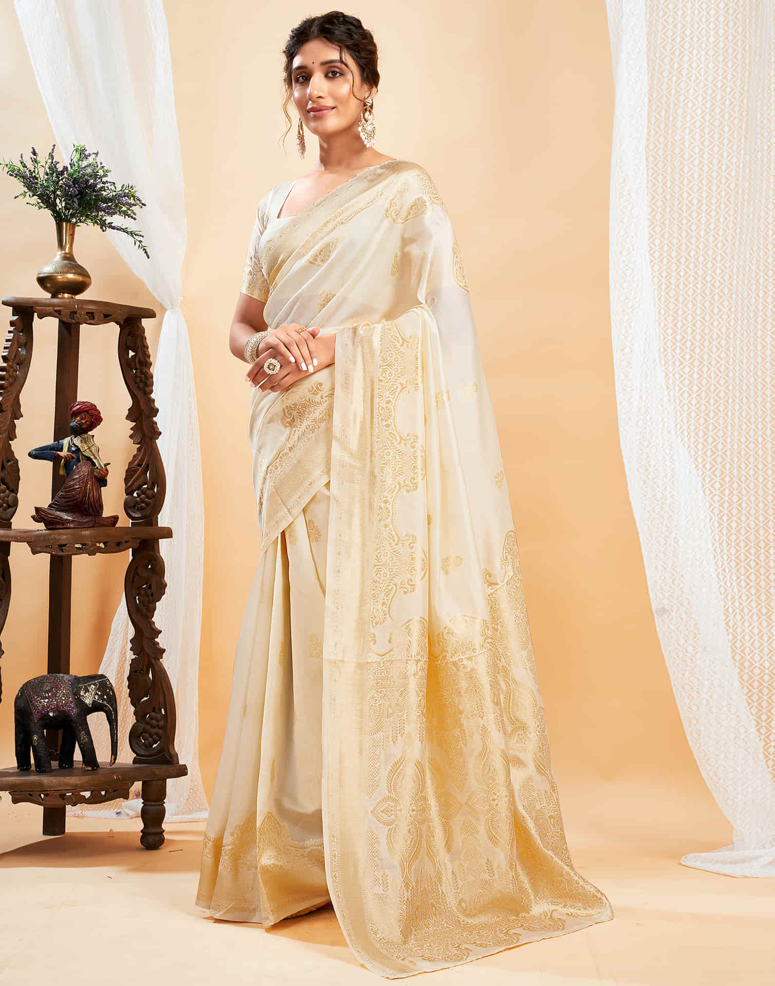 Off White Silk Woven Saree