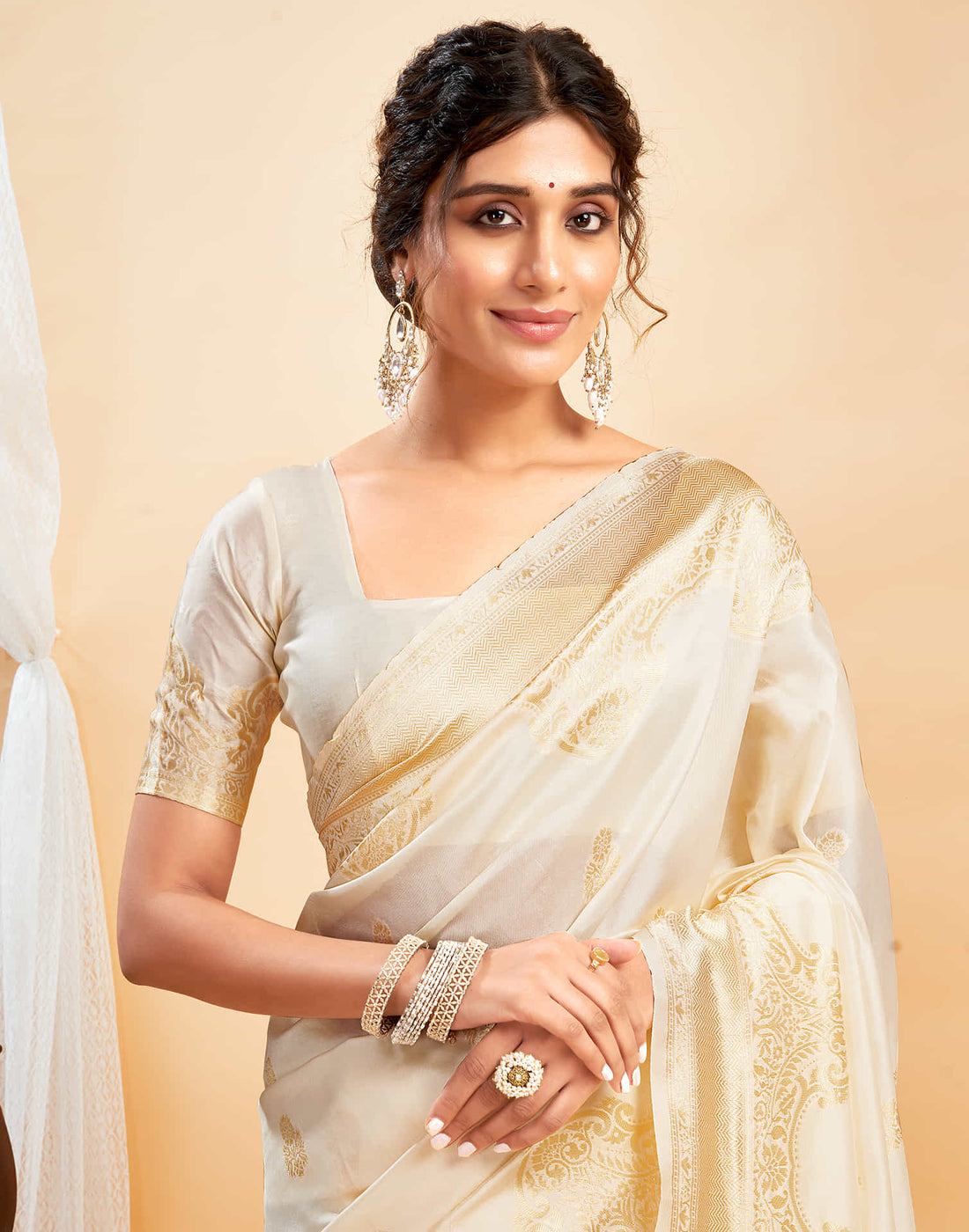 Off White Silk Woven Saree