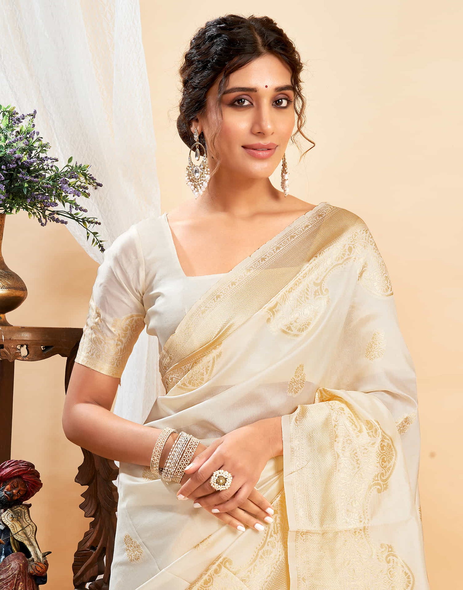 Off White Silk Woven Saree