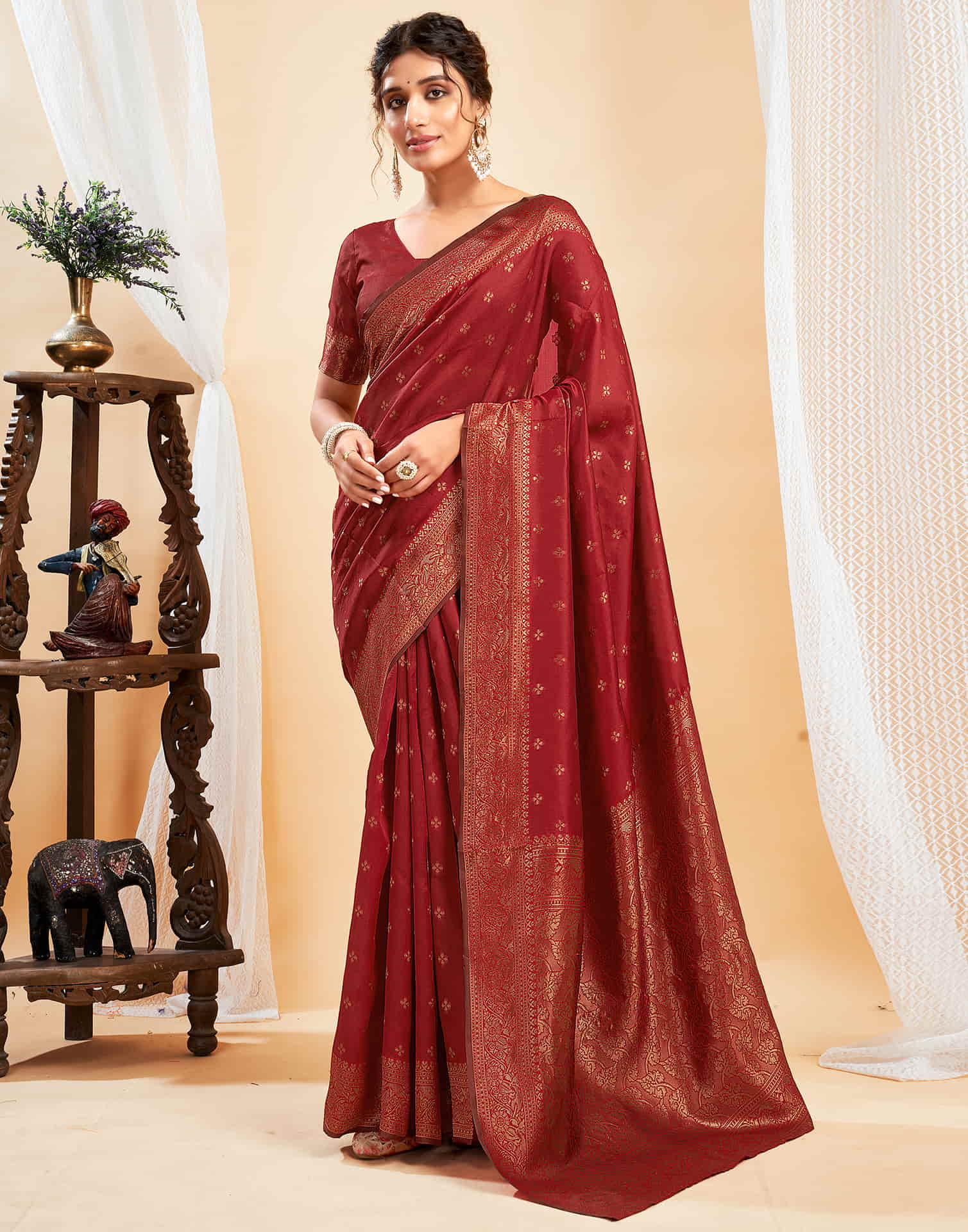 Dark Red Silk Woven Banarasi Saree