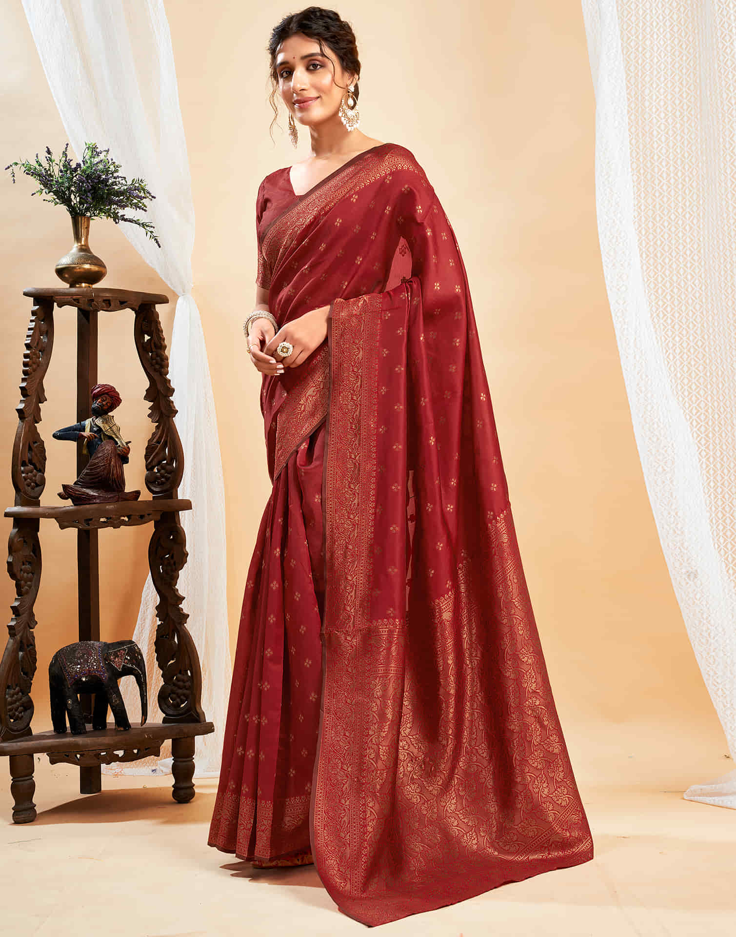 Red Silk Blend Woven Banarasi Saree