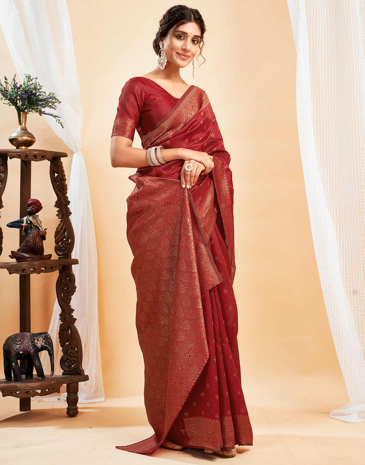 Red Silk Blend Woven Banarasi Saree