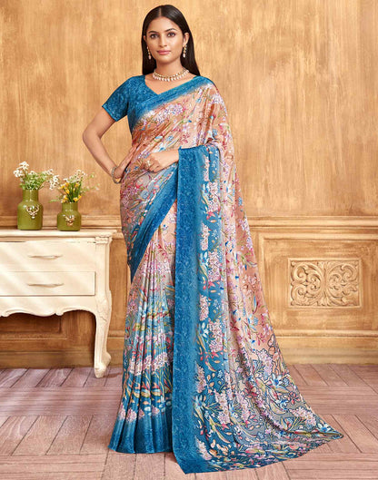 Teal Blue Floral Printed Silk Saree