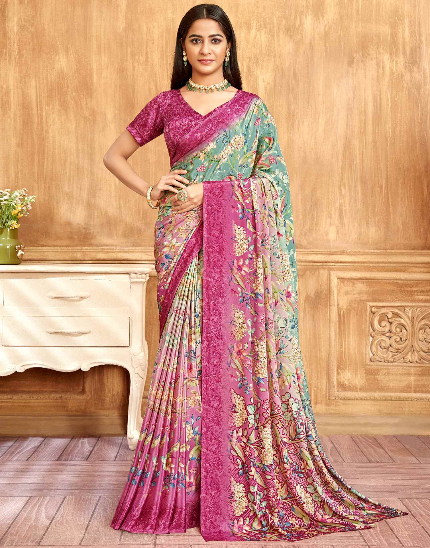 Pink Floral Printed Silk Saree