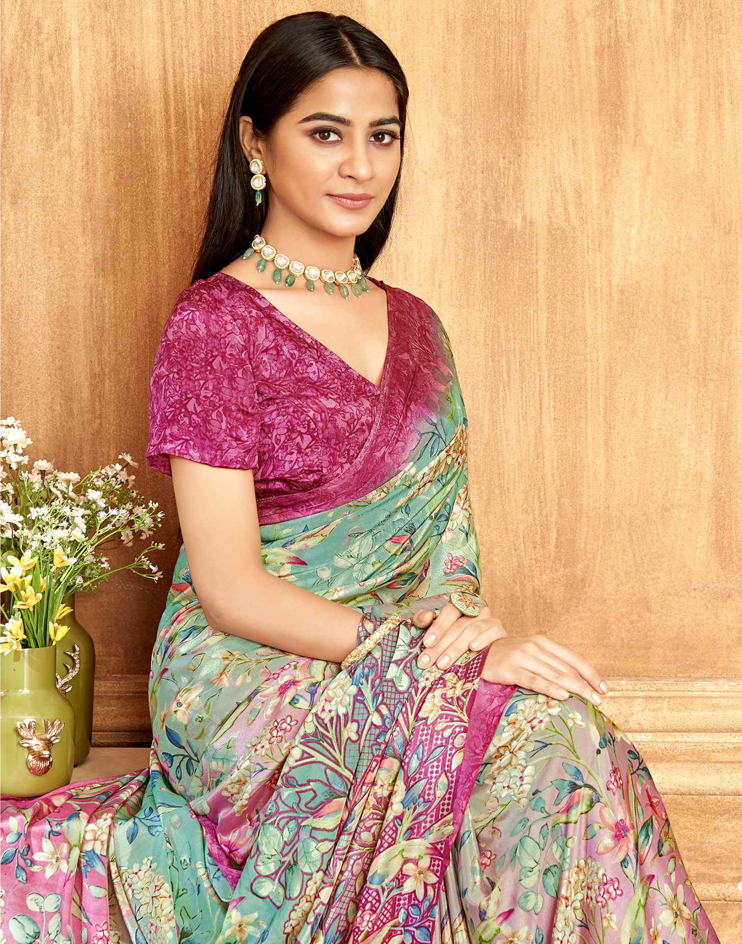 Pink Floral Printed Silk Saree