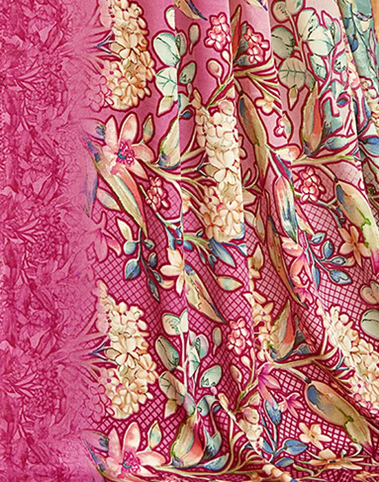 Pink Floral Printed Silk Saree