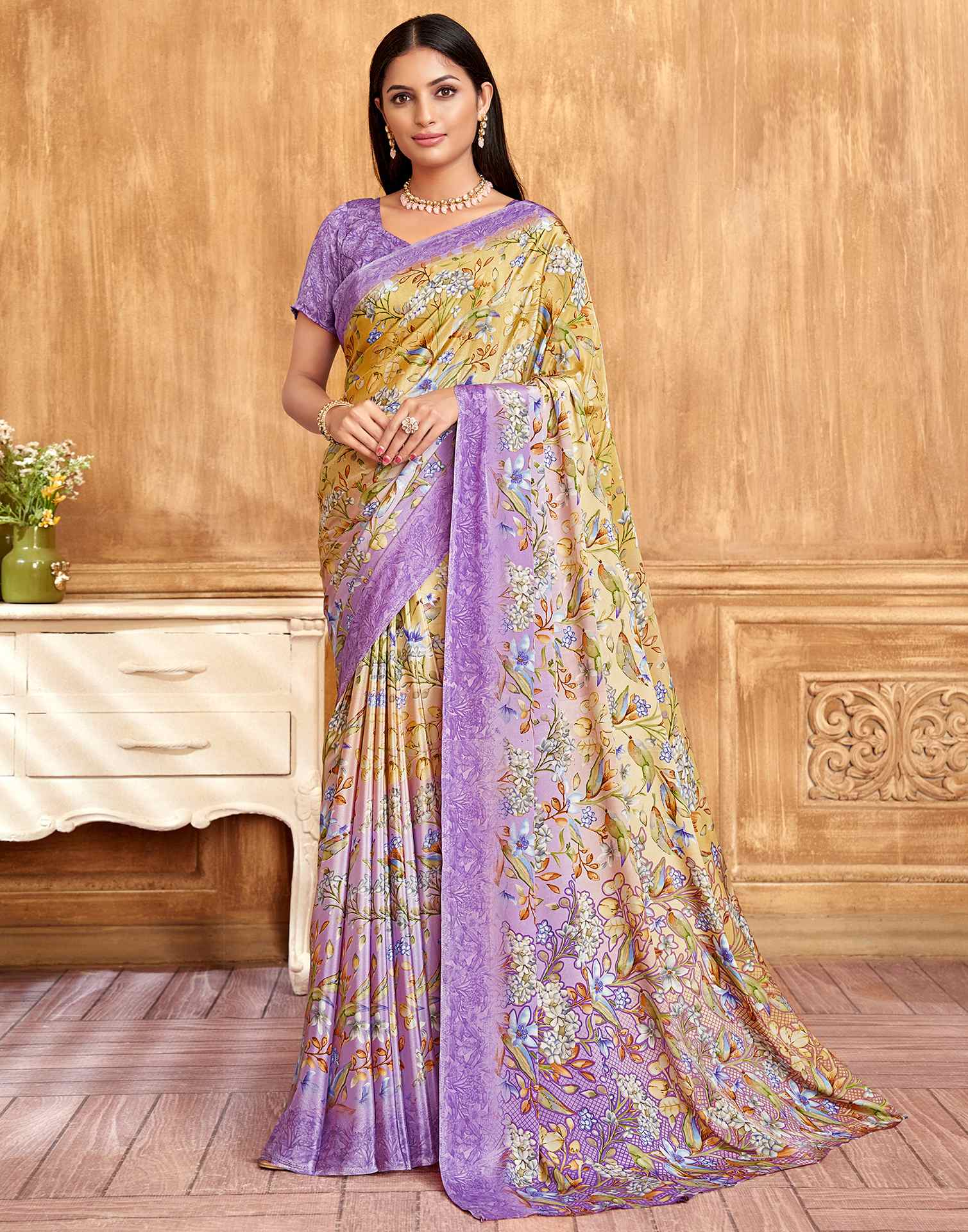 Lavender Floral Printed Silk Saree