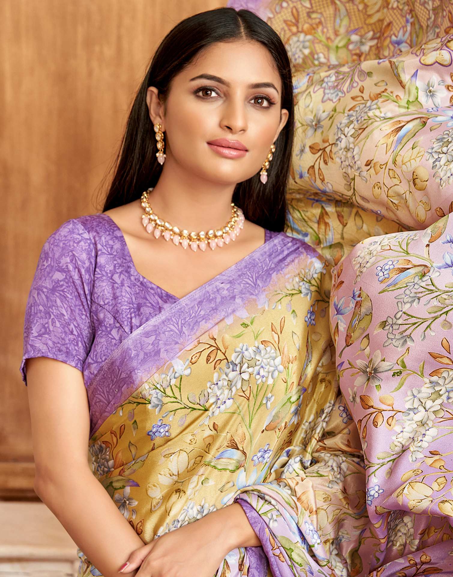 Lavender Floral Printed Silk Saree