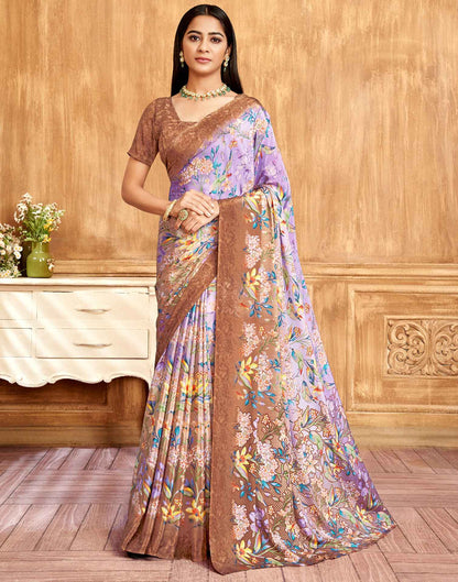 Beige Floral Printed Silk Saree