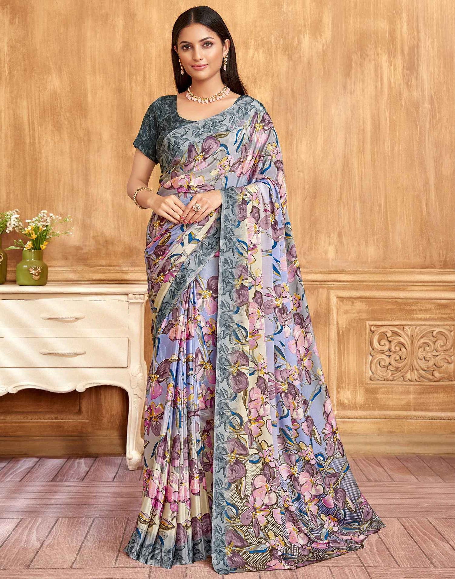 Grey Floral Printed Silk Saree