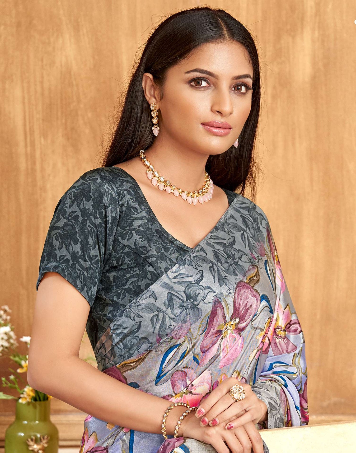 Grey Floral Printed Silk Saree