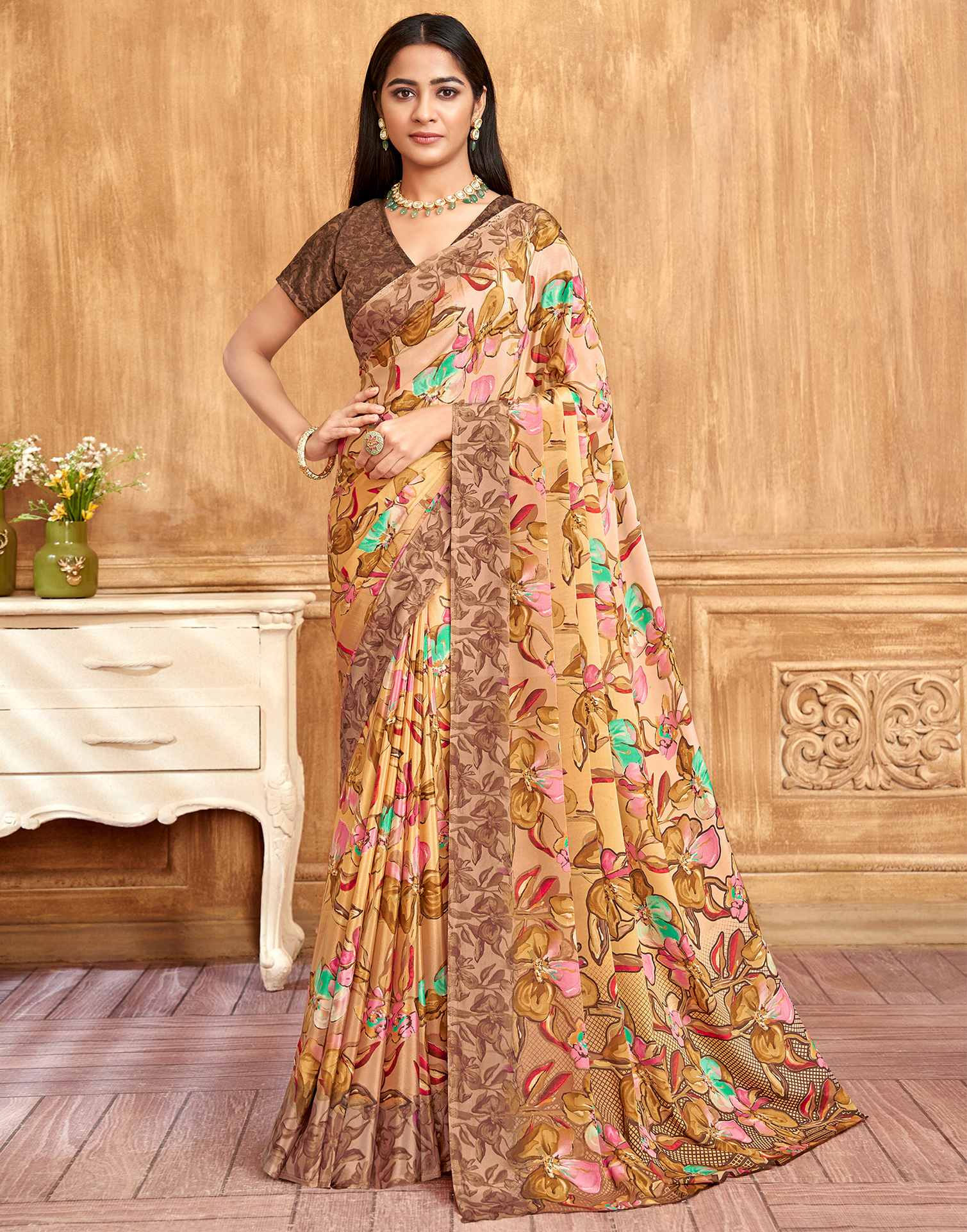 Light Brown Floral Printed Silk Saree