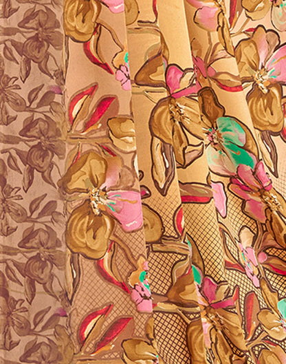 Light Brown Floral Printed Silk Saree